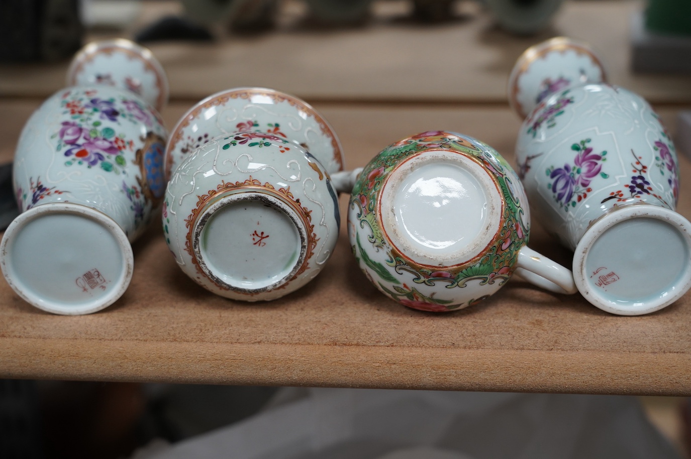 A pair of Samson armorial porcelain vases, a small Canton teapot and an armorial pot, largest 17cm high. Condition - good, teapot lid repaired